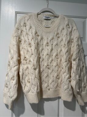 Essentiel Antwerp Pearl Embellished Cable Knit Sweater Ivory Cream XL